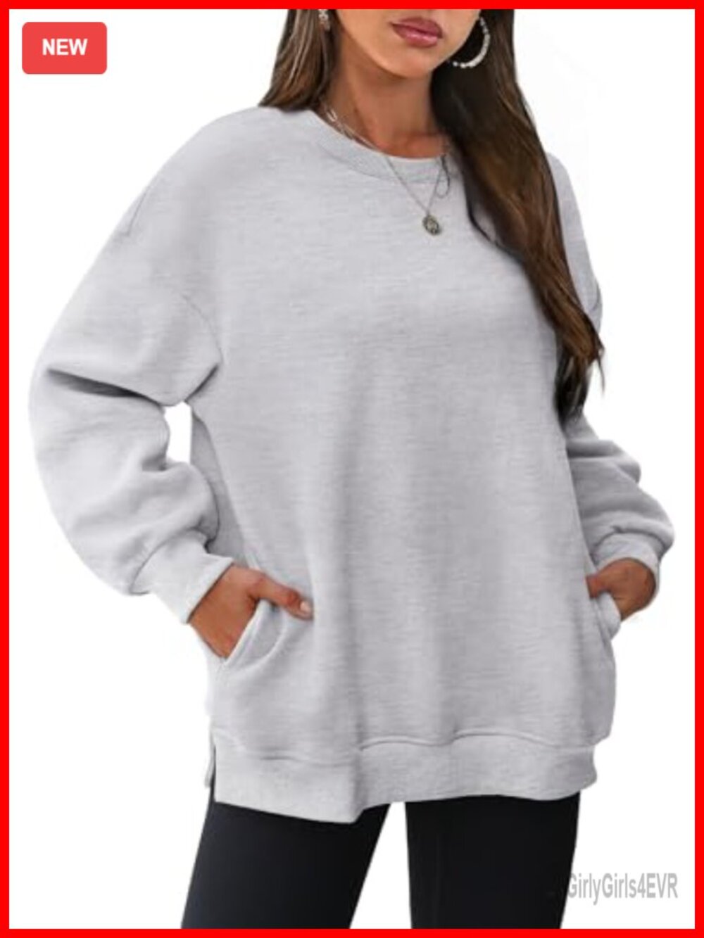 Oversized Crewneck Fleece Sweatshirt with Side Slits and Hidden Pockets